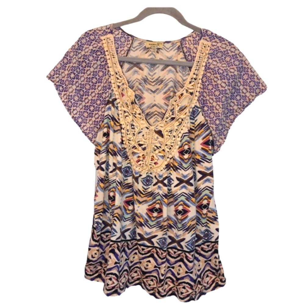 One World BoHo Colorful Patterned Crochet Neck Blouse Rhinestones Plus Size 1x